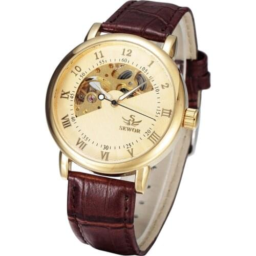 Relogio masculino Luxury Brand SEWOR Men Watches Gold Skeleton Automatic Mechanical Watches Luxury Men Dress Watch Leather Strap