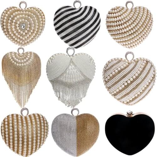 GLOIG heart design women evening clutch small beaded rhinestones finger ring metal evening bags tassel diamonds party handbags