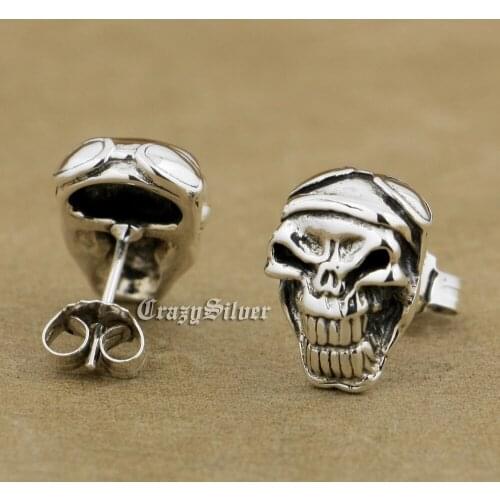 925 Sterling Silver Skull Mens Biker Punk Stud Earring 8R024