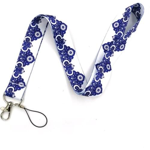 China Style Blue White Flower Lanyard For Keys Hang Rope Neck Strap ID Badge Holder Keychain Mobile Phone Straps Webbing Ribbon