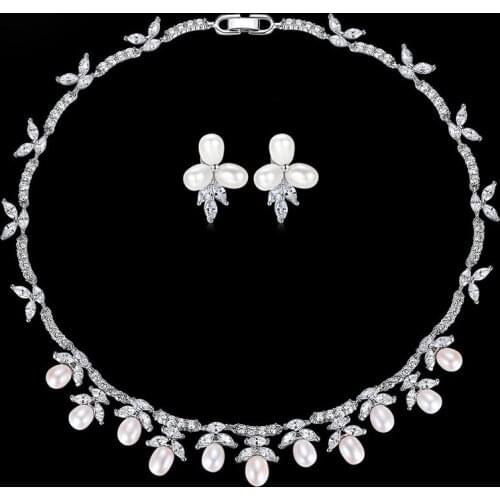 SLBRIDAL Sparkling Wedding Freshwater Pearls AAA Cubic Zirconia Necklace Set Bridal CZ Jewelry set Bridesmaids Women Jewelry