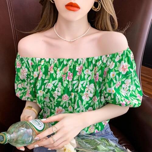 2021 Summer Sexy Slash Neck Green Tops Short Sleeve Print Casual Shirts Lightweight Fashion Blouse Pullover Flower Clothes