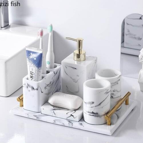 Resin Bathroom 5-piece Set Rectangular Tray Marble Tray Toiletries Wash Set Lotion Bottle Cotton Swab Box Mouth Cup Soap Dish