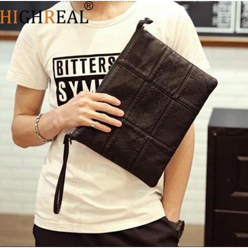 HIGHREAL New Simple Brand Men Clutch Bag Business Casual Large Capacity Leather File Bag Fashion Men Ipad Clutches Embrayage Sac