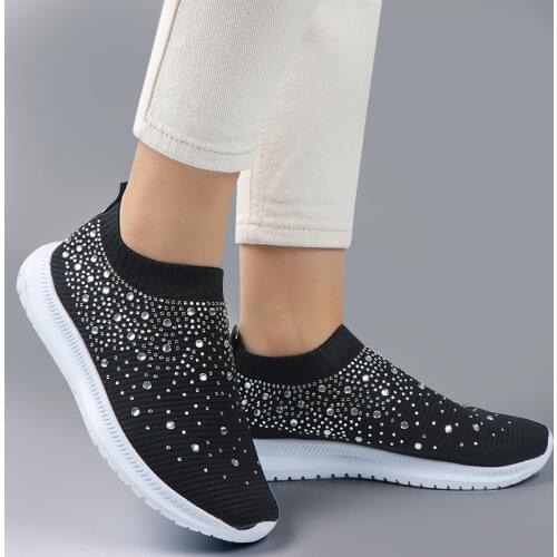 Vulcanized Shoes Sneakers Women Trainers Knitted Sneakers Ladies Slip-on Sock Shoes Sparkly Crystal Zapatillas Mujer Casual Plus