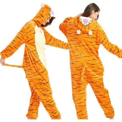 2020 Adults Animal Pajamas Cartoon Sleepwear Tiger Pajamas Sets Anime Kigurumi Women Men Warm Flannel Hooded