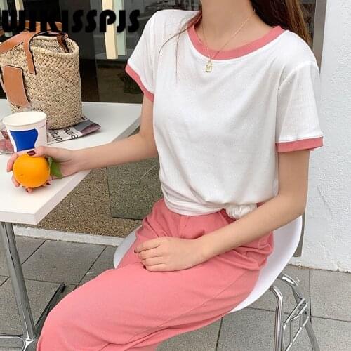 2021NEW Pajamas Solid Round Neck Women Pajamas Two Piece Set Summer Summer Home Wear Loose and Simple Home Ladies Suit