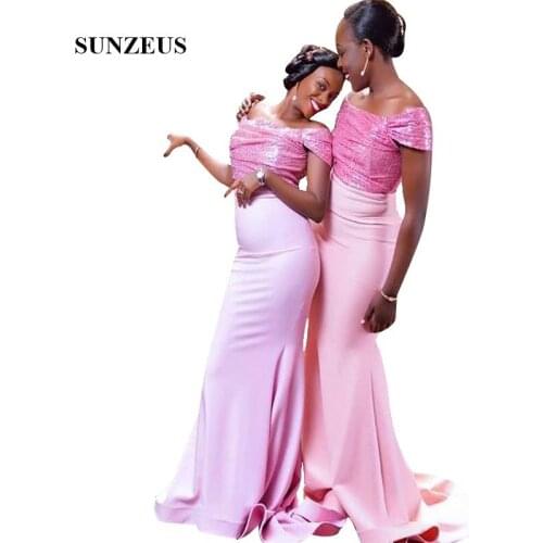 Pink Sequins Lace Bridesmaid Gown Off Shoulder Mermaid Long Wedding Guest Dress African Woman Party Gowns