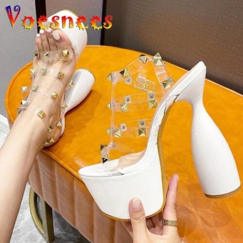 Sexy Rivet Transparent Sandals Summer New Chunky Heel Solid Color Buckle Strap Super High Heels Pole Dance Party Women Shoes