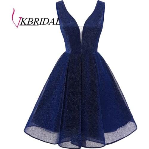 VKBRIDAL Sexy Deep V-Neck Short Prom Dresses 2019 New Nude A-Line Pink Homecoming Dress with Lace up Back