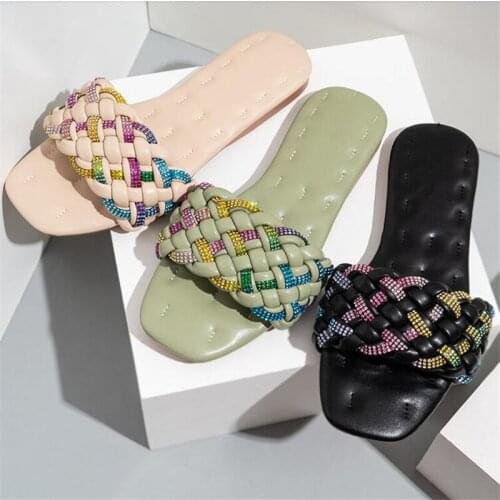 New Summer Women Slippers Slip On Slides Fashion square head colored diamond Woman High Quality Shoes Ladies Hot Sandals