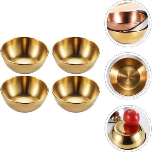 4pcs Stainless Steel Seasoning Sauce Dish Round Golden Home Kitchen Tableware Hot Pot Condiment Plate Dipping Soy Paste Dishes