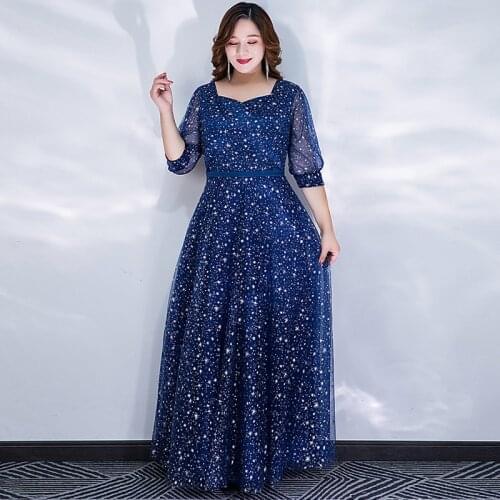 Evening Dress Sequins Half Sleeves New Zipper Back A-Line Floor-Length Square Collar Fashion Plus Size Women Formal Gowns D875