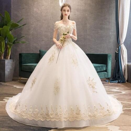 Gorgeous Appliques Lace Chapel Train A-Line Wedding Dress 2021 Luxury Beaded Boat Neck Sexy Bridal Gown Vestido de Noiva