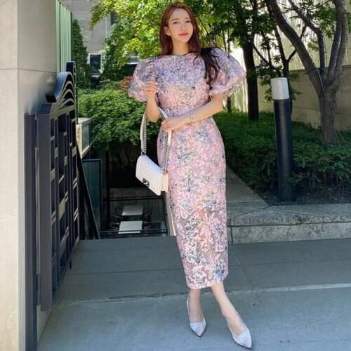 ZAWFL 2021 Vintage Lantern Sleeve Long Dress Women Elegant Printing Female Pencil Dresses Vestidos Elegant O-Neck Dress