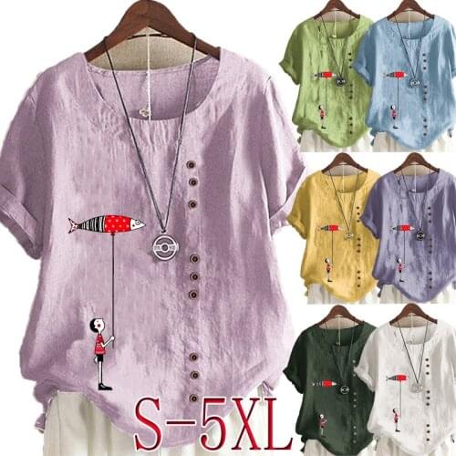 Summer Womens Cartoon Printed Short Sleeve Round Neck T-shirt Ladies Casual Linen Shirts Plus Size Blouse Tops S-5XL