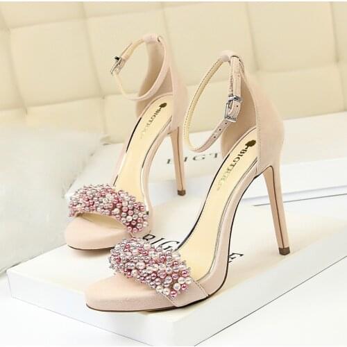 2020 New Summer Women Sandals High Thin Heel Buckle Solid Pearl Fashion Sexy Ladies Women Shoes Pink Female High Heels Sandals