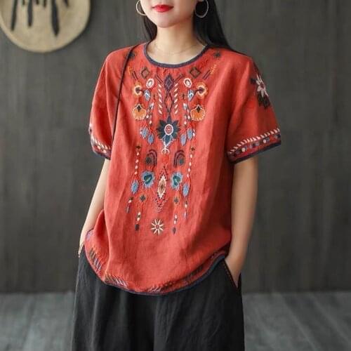 Ladies Chinese Tops Women 2020 Summer T-Shirt-Women Loose Linen Cheongsam Top Embroidery Chinese Style Clothing Women FF2937