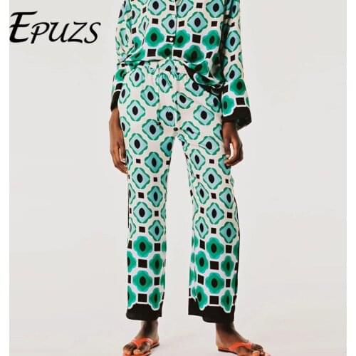 ZA 2021 Vintage Geometric Print wide leg pants women high waist pants boho satin pants casual loose Trousers female sweatpants