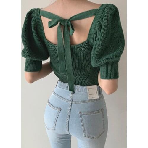 Square Collar Hollow Sweaters Women Lace Up Chic Elegant Puff Sleeve Casual Tops Korean Backless Knitted Pullovers