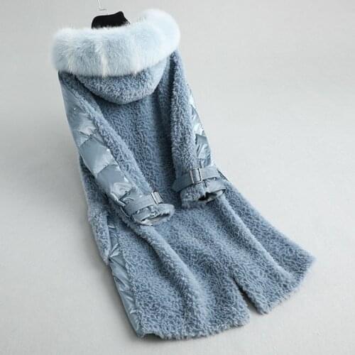 Sheep Shearling Coat Female Real Fox Fur Collar Long Down Winter Jacket Women 100% Wool Coats MY4055