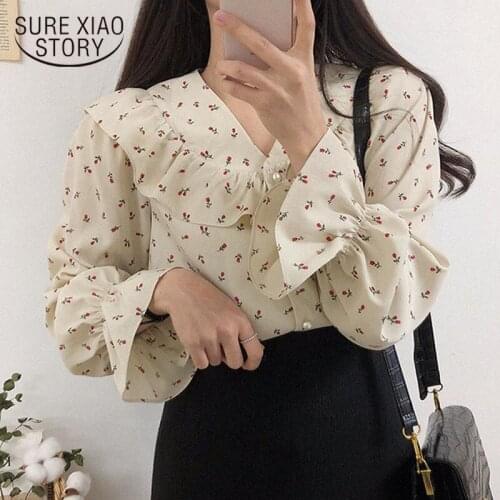 2020 Korean Autumn Puff Sleeve Chiffon Women Blouse Office Lady V-Neck Floral Shirts Women Cardigan Plus Size Ladies' Tops 10335