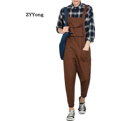 2020 Youth Men Bib Overalls Freight Trousers Cotton Loose Big Pocket Casual Beam Feet Harem Cargo Pants Brown Jumpsuits Rompers