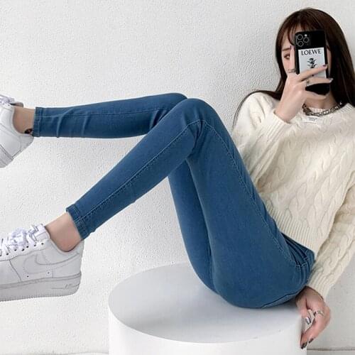 2021 Pencil Pants Women High Waist Stretch Denim Jeans Womens Fashion Cotton Slim Jeans Button Fly Retro Washed Skinny Trousers