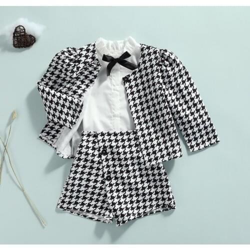 Children Baby Girls 3pcs Fashion Clothes Outwear Black Houndstooth Cardigan+Shorts +White Shirt Toddler Kids Casual Clothings