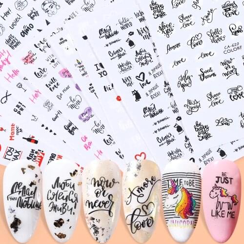 1pcs 3D Adhesive Nail Art Sticker Black Letter Love Design Sliders For Nails Russian Word Decal Manicure Decorations SACA617-626
