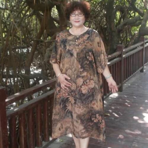7XL 6XL 5XL Floral Print A-line Dress for Middle Age Women Short Sleeve Tunic Vintage Women Loose Dress Plus Size DJ505