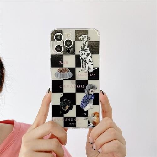 2021 TPU Phone Capa Case For iPhone 12 Mini/11/12Pro Max XR XS Max Checkerboard Dog Funda Conque Cover For iPhone SE 7 8Plus
