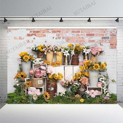 Rose Sunflowers Photography Backdrops Spring Garden Floral Flowers Backgrounds White Old Brick Wall Background Shooting Props