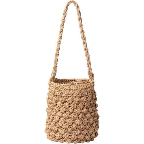 Korean Drawstring Woven One Shoulder Handbag Leisure Vacation Beach Bag Summer Net Red Straw Bucket Bag Girl Purses And Handbags