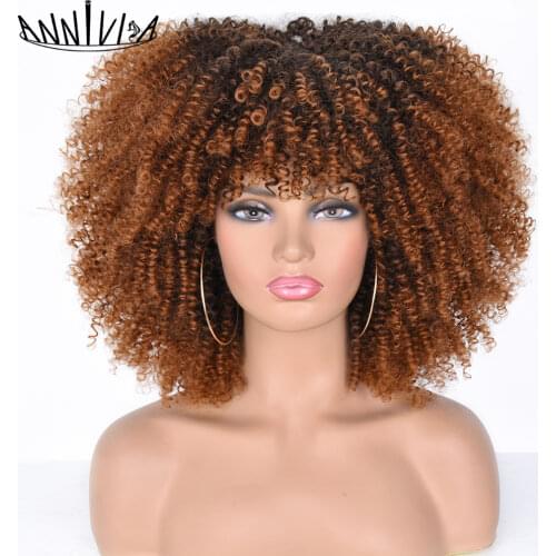 Short Afro Kinky Curly Wigs With Bangs For Black Women Blonde Mixed Brown Synthetic Cosplay African Wigs Heat Resistant Annivia