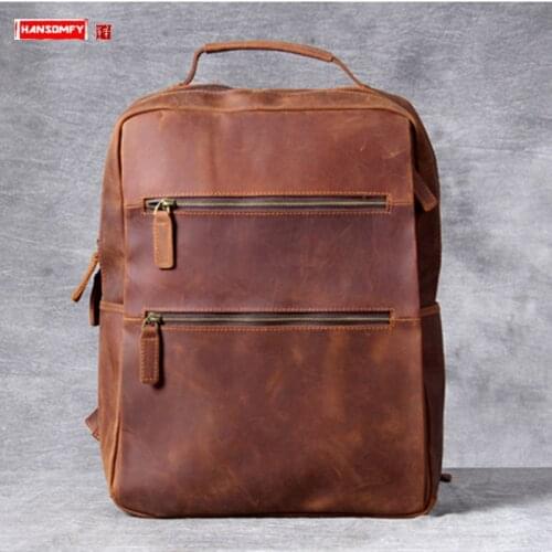 Crazy Horse Leather Backpack Mens Schoolbag Laptop Backpack Men Travel Bag Large Capacity Retro Original First Layer Leather