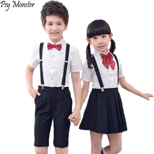 2021 Boys Girls Summer Wedding Skirt Shirts Set with Bowtie Brand Formal Girls Birthday Dress School Uniform Children Suit