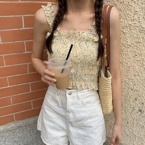 Summer Korean Style Girl Tank Tops Sweet Women Pleated Floral Chiffon Camisole Ladies Summer Camisole