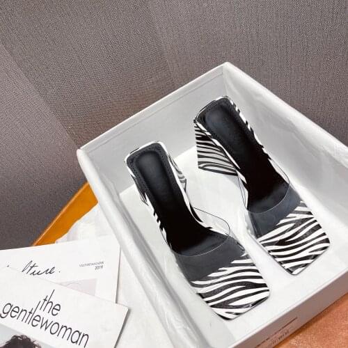 PVC Transparent Women Slippers Open Toe Shallow Slip On Mules Shoes White/Brown Thick High Heels Summer Sandals Slides Mules