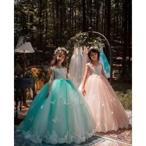 Flower Girl Dresses Princess Sheer Crew Neck Applique Girls Pageant Gowns with Bow Sash Back