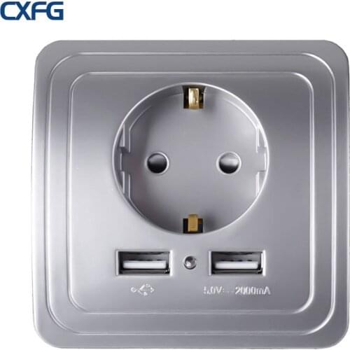 CXFG EU Dual USB Port Silver Socket Wall Charger 2 Port 2A Socket Adapter Charger Power Socket Gray Popular CE Standard Socket