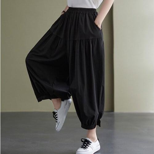 High Waist Bloomers Pants 2021 New Arrival High Waist Capris Summer Pants Cotton Split Loose Wide Leg Women Casual Pants