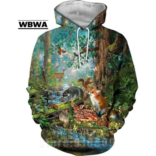 WBWA 3D Print Fox Hoodies Animal Bird Sweatshirts Cute Squirrel Hare Deer Hooded Hoody Anime Funny Homme Oversized Harajuku Hood