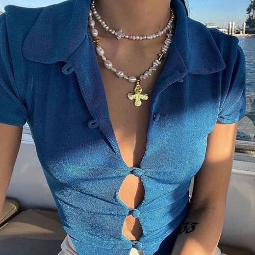 Womens Sexy Tops Button Casual T-shirts Womens Short Summer Cropped Tops 2021 New Party T-shirts Y2k Tops