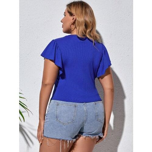 Large size short sleeve round collar T-shirt fashion simple blue blouse for ladies