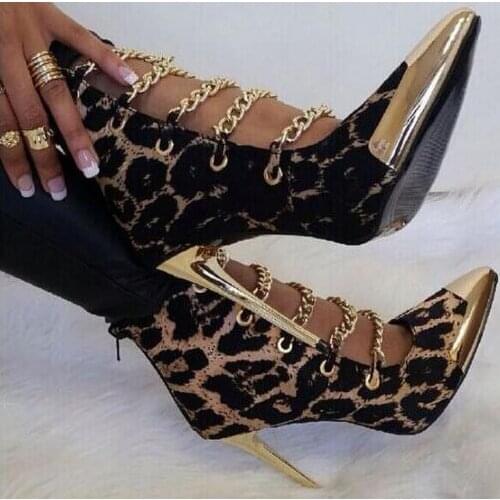 Sexy leopard 10 cm stiletto heels booties metal chains gold pointed toe cut-outs ankle boots women dress shoes size 35-41
