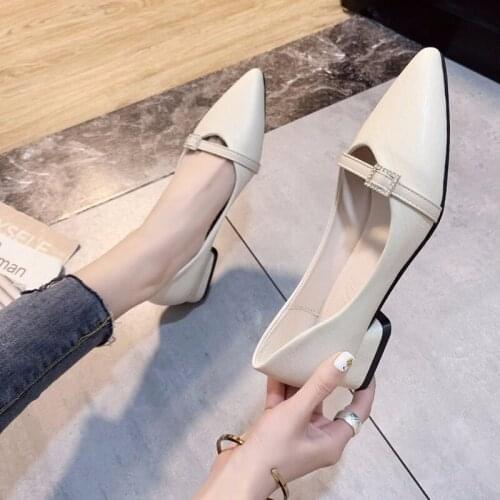 2020 New Solid Leather Ladies Shoes Pumps Diamond Thick Low Heels Metal Pointed Toe Slip on Shallow Women Shoes Woman Plus Size