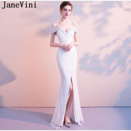 JaneVini 2018 White Lace Beads Long Bridesmaid Dresses Spaghetti Straps Sexy High Split Backless Mermaid Formal Party Prom Gowns