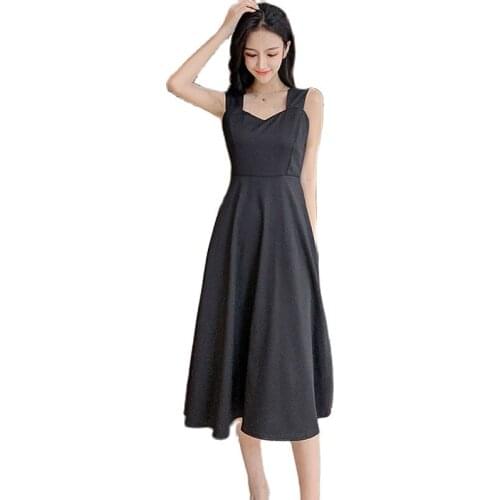 Large Size Fashion Suspender Dress Female V Neck Sleeveless Little Black Dresses 2021 Summer New Korean High Waist Casual Dress
