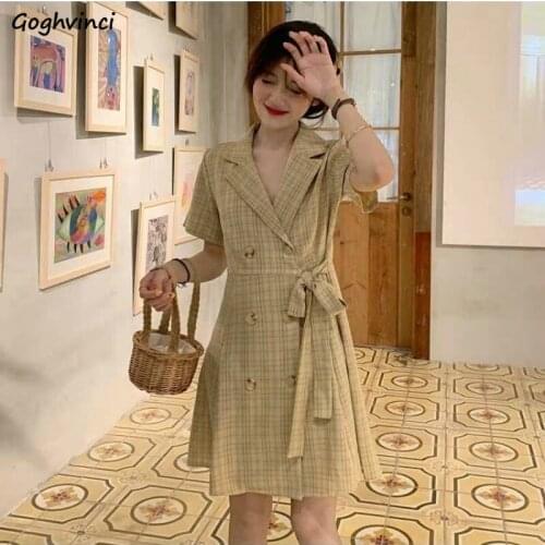 Women Short Sleeve Dress Notched Collar Plaid Sashes Knee-length High Waist A-line Slim Retro Elegant Office Lady Daily Stylish